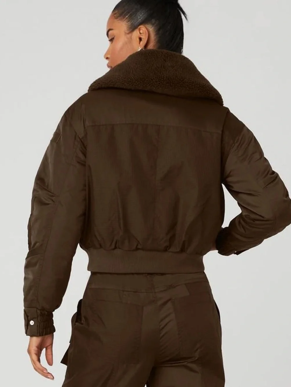Price Firm Alo Espresso Brown Blaze Bomber Jacket with Sherpa Faux Fur Collar